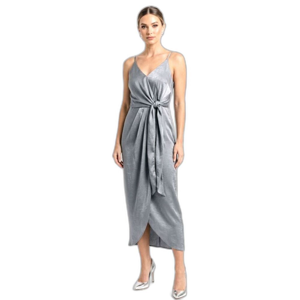 Baltic Born Women's Camila Gray Satin Sleeveless Side-Tie Midi Dress Size M
